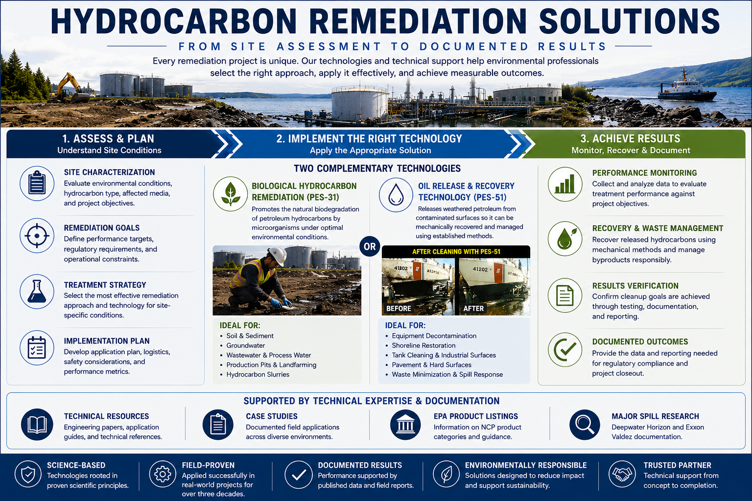 Six-step hydrocarbon remediation process from site assessment through technology selection, treatment, monitoring, recovery, and documentation.