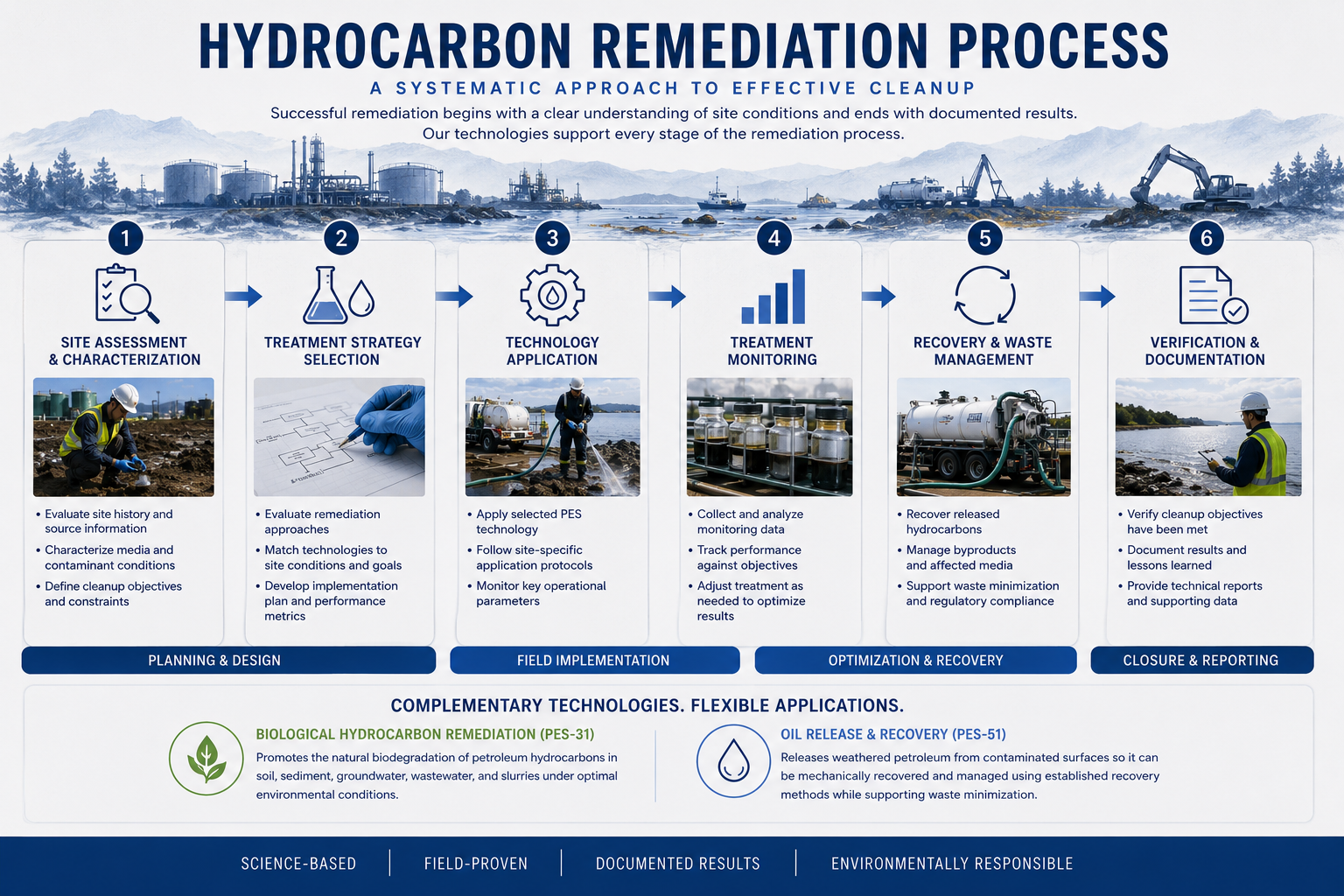 Diagram comparing biological hydrocarbon remediation using PES-31 with oil release and recovery technology using PES-51.