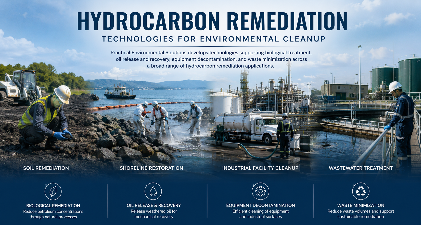 Panoramic illustration showing hydrocarbon remediation technologies including soil remediation, shoreline restoration, industrial hydrocarbon remediation, and petroleum-contaminated water treatment.